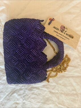 Woven  Rafia  Purple Mini Bag with Gold Chain -